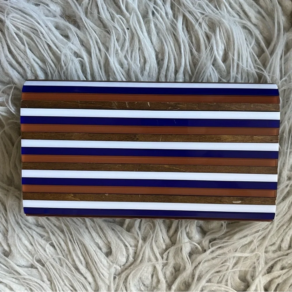 Tory Burch Reyna Multicolor Block Resin Brown Wood Striped Glossy Clutch Bag OS